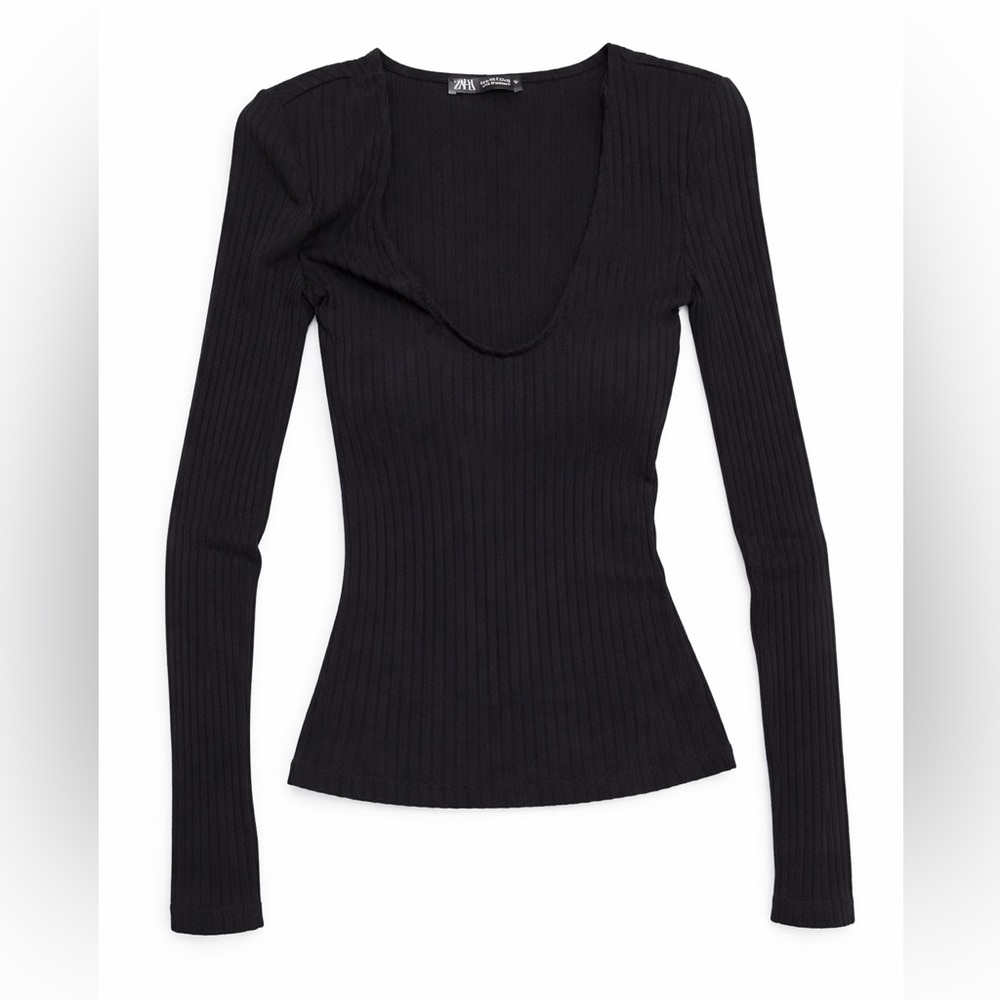Zara Black Ribbed Long Sleeve Top Deep V-Neck with Shoulder Pads Women SZ Small
